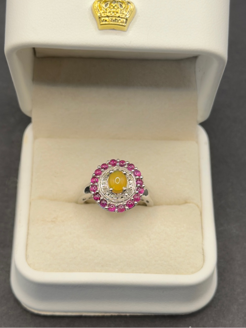 Opal with ruby and diamonds sterling silver ring 925 sz 7